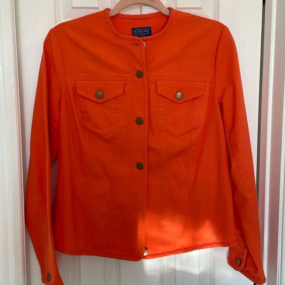 PENDLETON  BRIGHT ORANGE DENIM STRETCH BUTTON UP JACKET TOP SIZE SMALL
